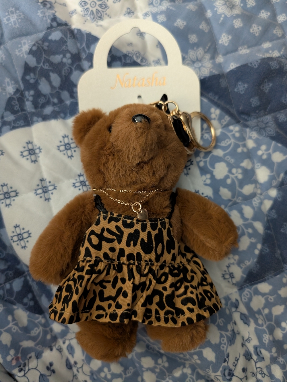 Natasha Couture Brown Plush Bear Keychain with Leopard Dress